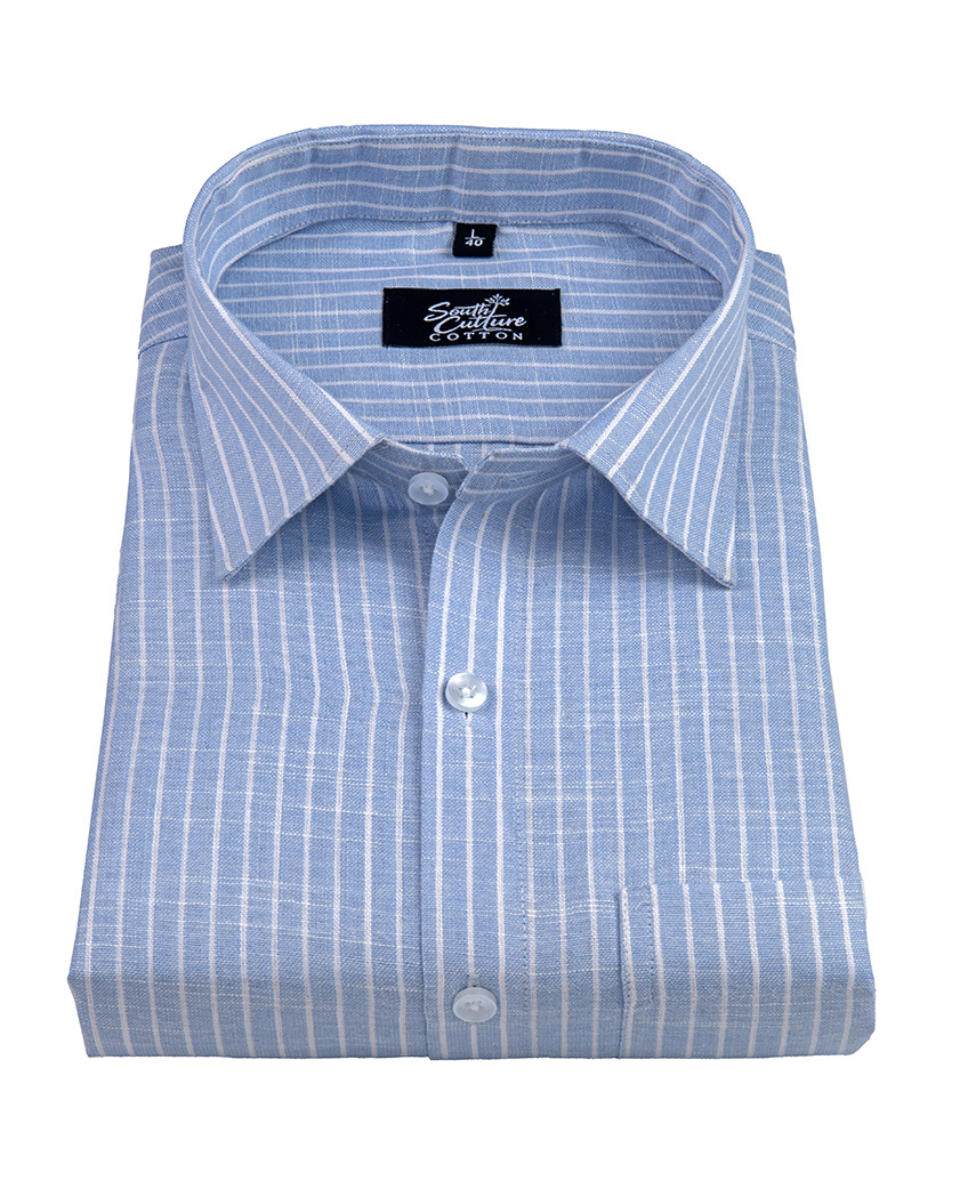 Light Sky Blue Cotton Shirt With Fine White Stripe Men Shirt