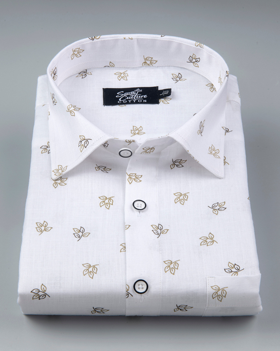 White Cotton Shirt with Small Golden Leaf Print Men's Shirt