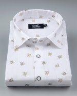White Cotton Shirt with Small Golden Leaf Print Men's Shirt