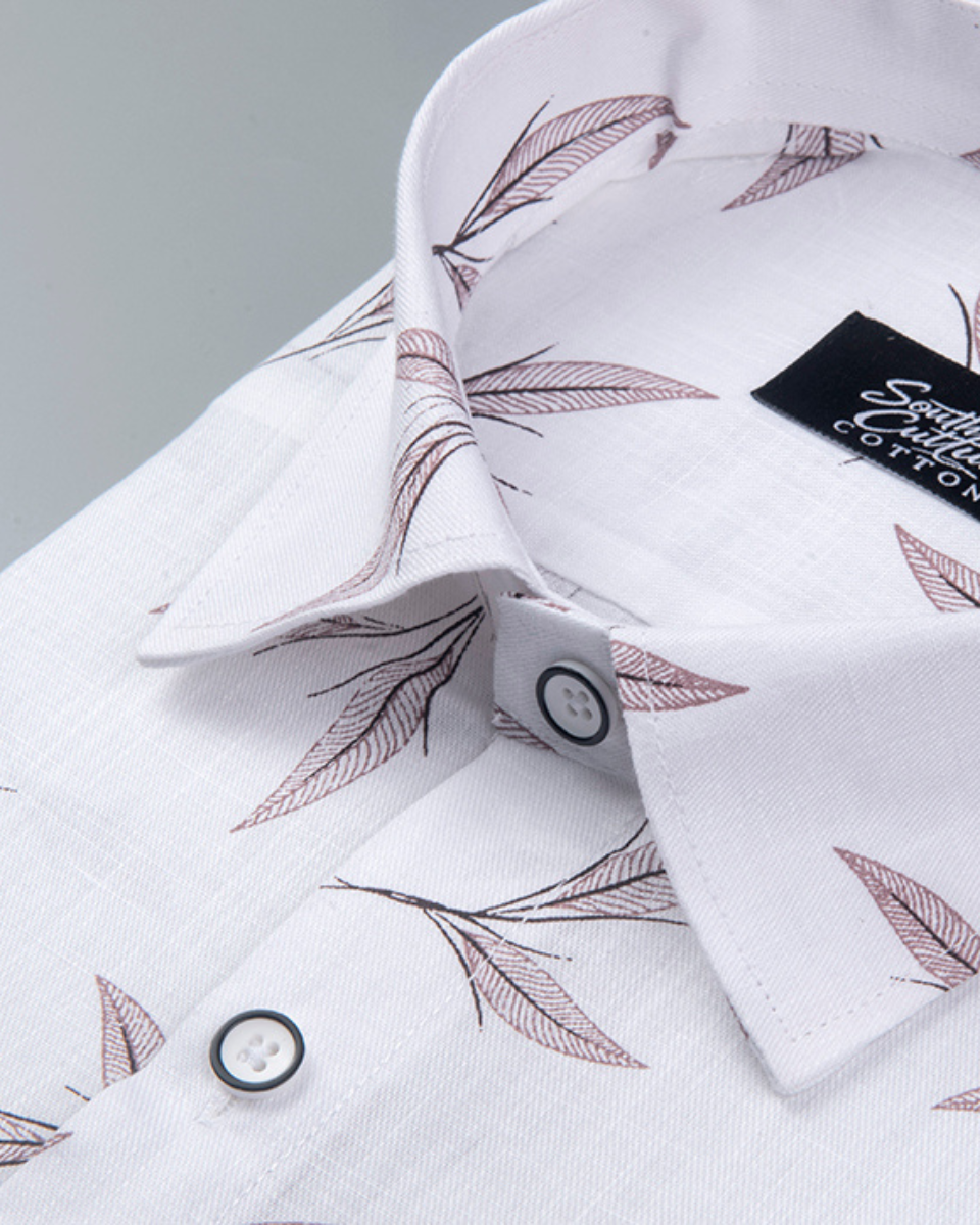 White Cotton Shirt With Brown Leaf Print Men's Shirt