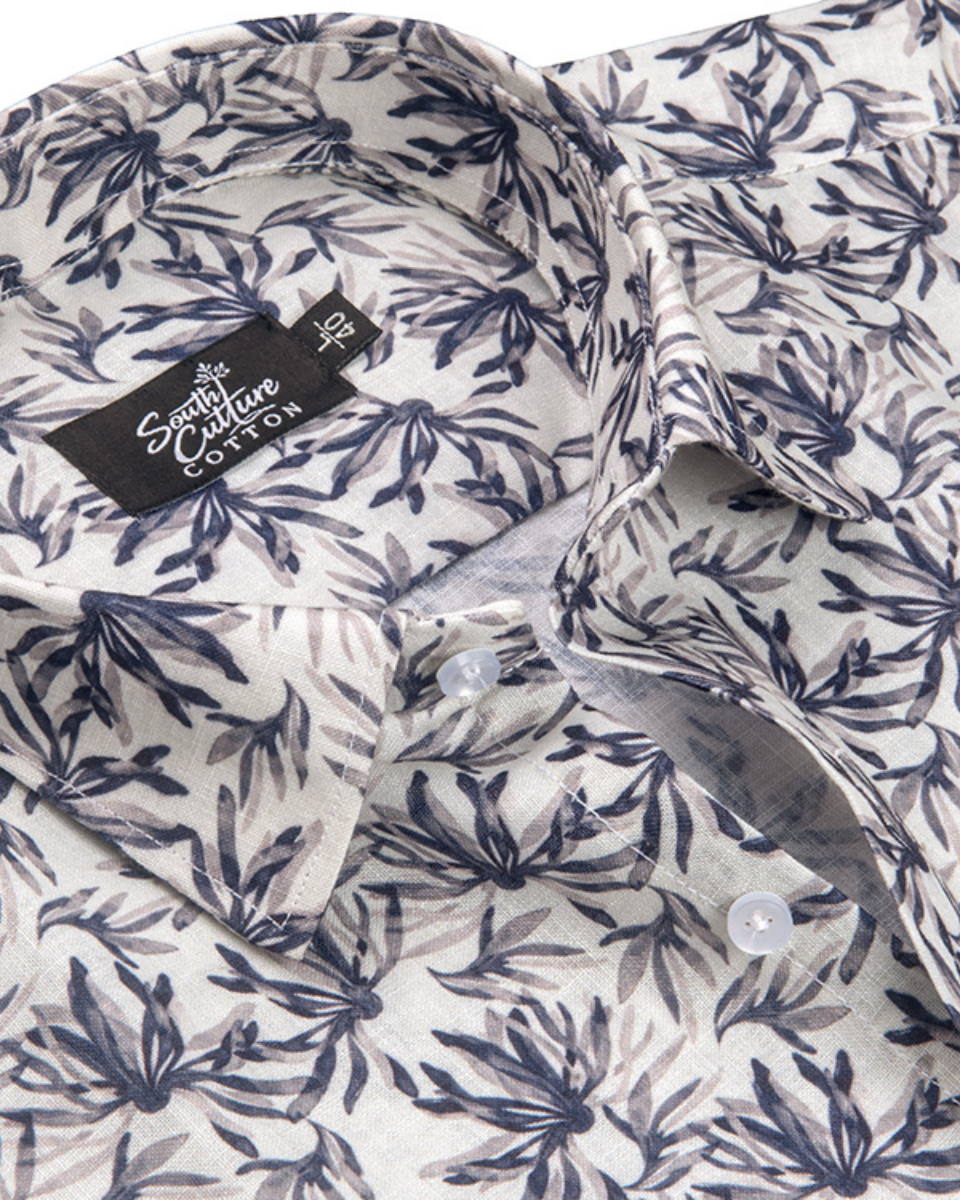 Italian Linen Midnight Leaf Print Cream with Gray Mix