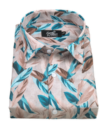 Italian Linen Multi Leaf Print Teal Blue Brown Mix