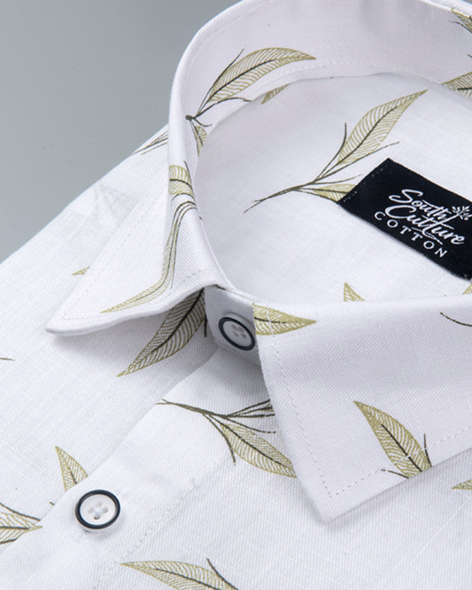 White Cotton Olive Leaf Print Men's Shirt