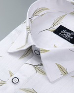 White Cotton Olive Leaf Print Men's Shirt