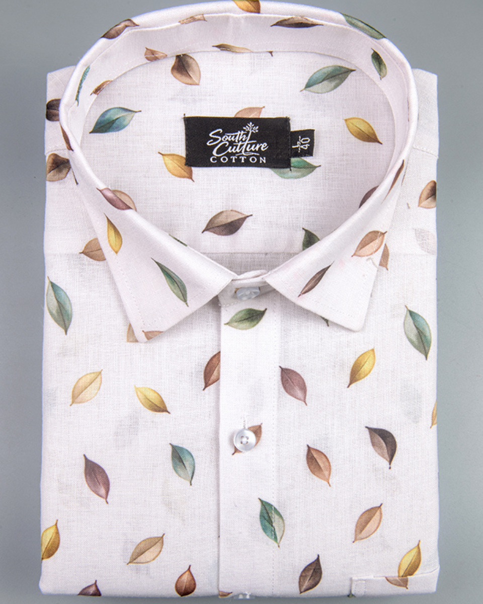 Italian Linen Dot Leaf Print Soft Cream Multi Mix