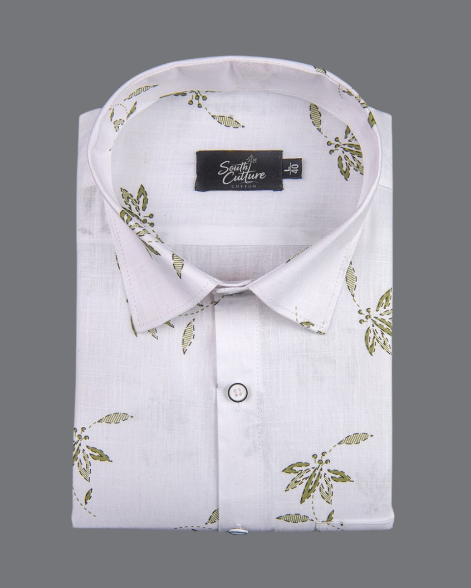 Turkey Linen White with Olive Green Big Leaf Print Men Shirt