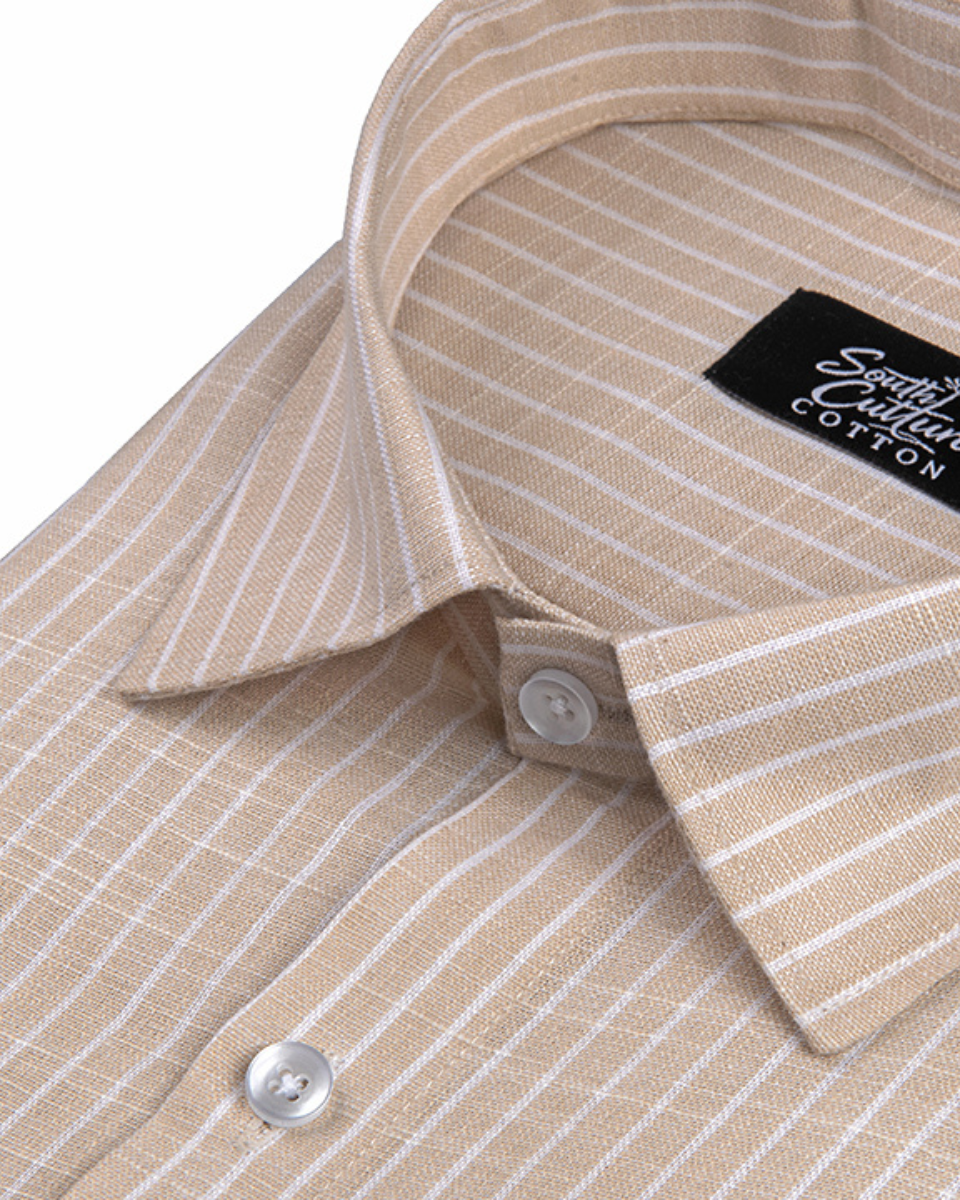 Fawn Colour Cotton Shirt With Fine White Stripe