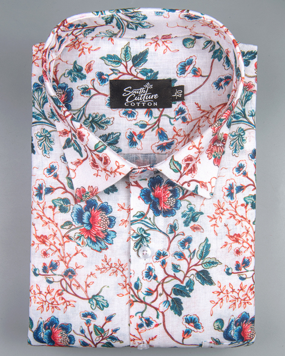 Italian Linen Floral Vine Print Rama Red Mix