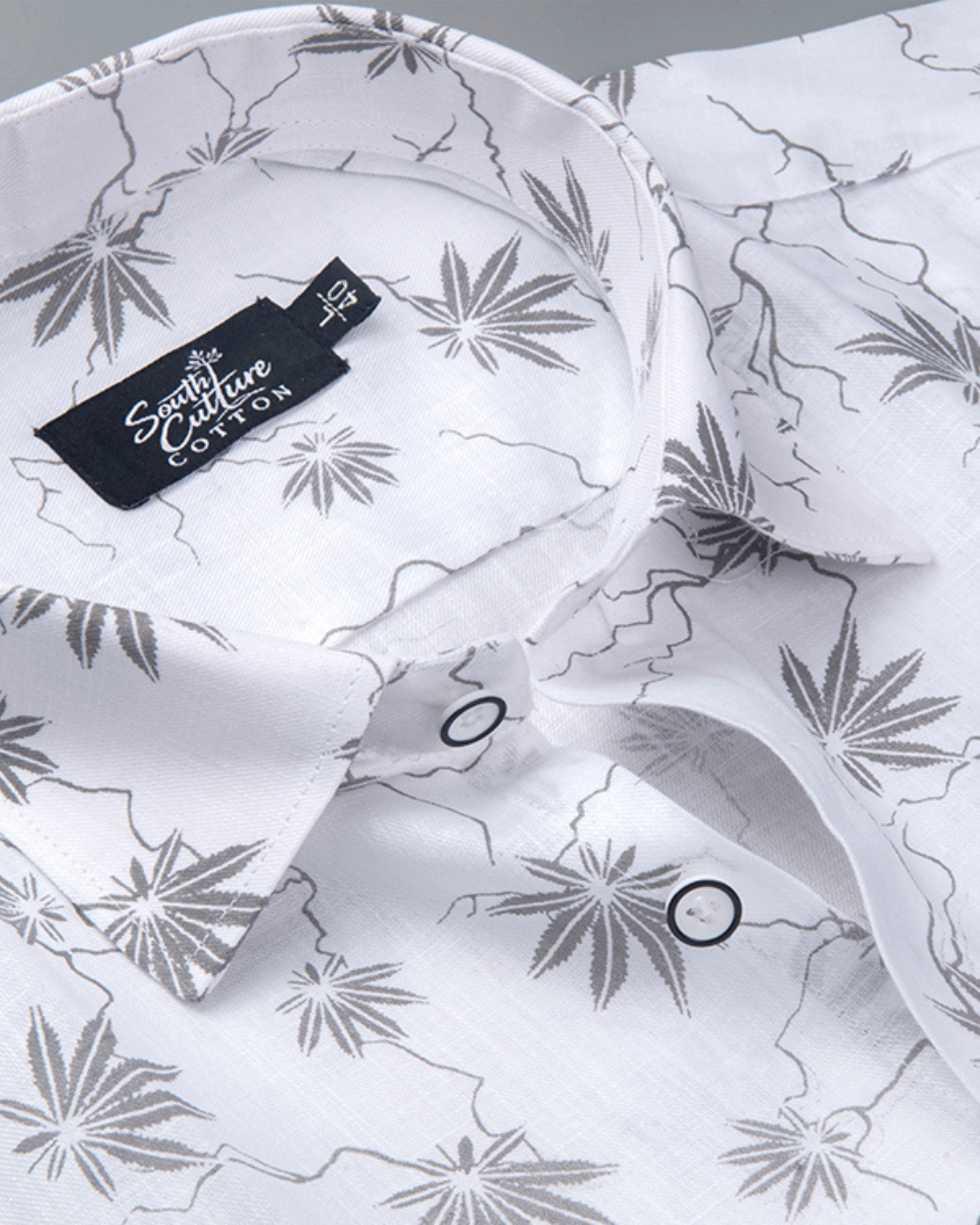 White Cotton Shirt with Grey Palm Leaf Print Men's Shirt