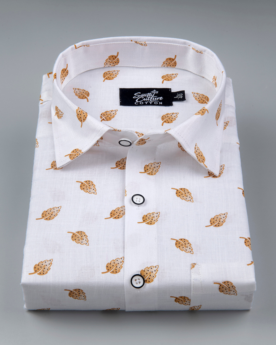 White Cotton Shirt with Mustard Leaf Print Men's Shirt