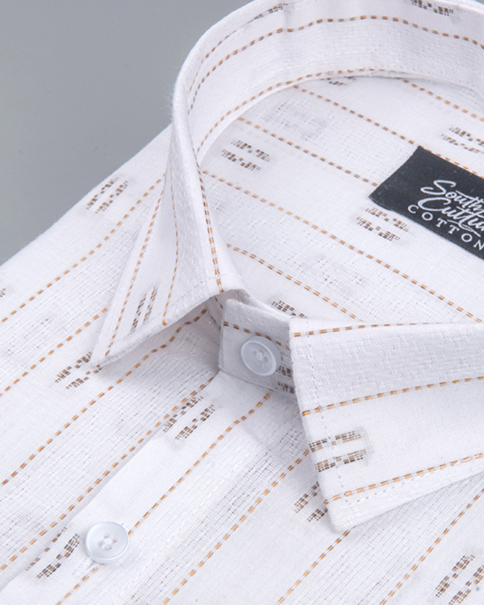 Linen Butta Stripe Pattern Light Brown Men Shir