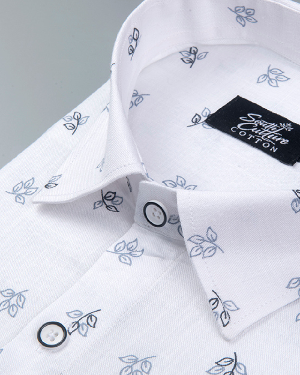White Cotton Shirt with Small Navy Blue Leaf Print Men's Shirt