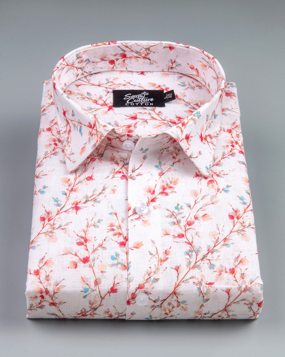 Italian Linen Pushpa Print Cream Pink Mix
