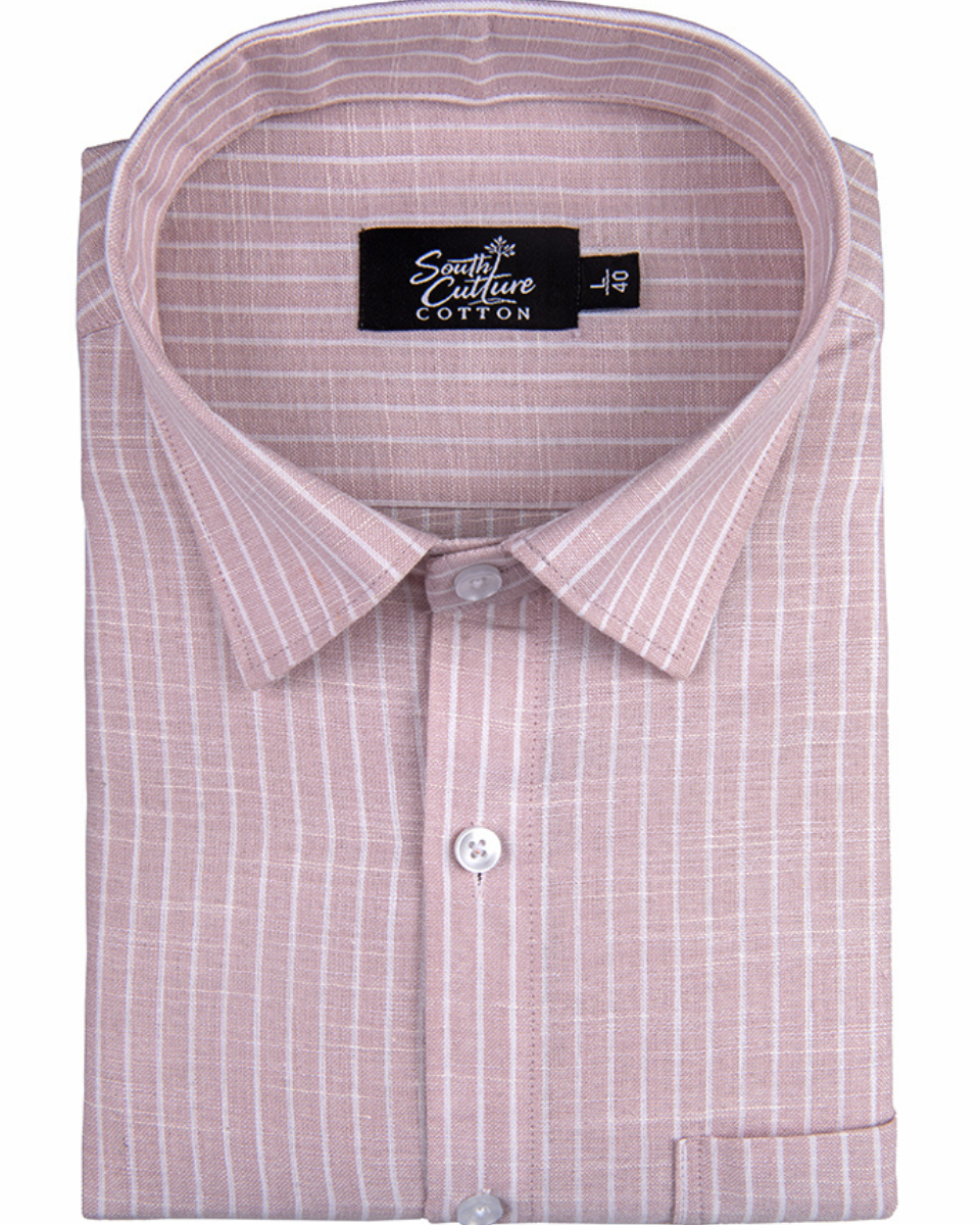 Baby Pink Colour Cotton Shirt With Fine White Stripe Men Shirt