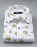 White Cotton Shirt with Olive Palm Leaf Print Men's Shirt