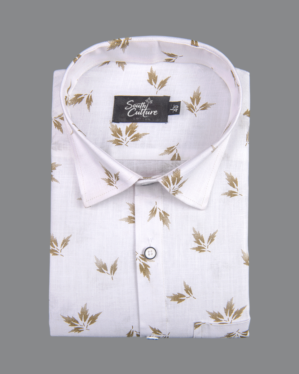 Turkey Linen White with Brown Leaf Print