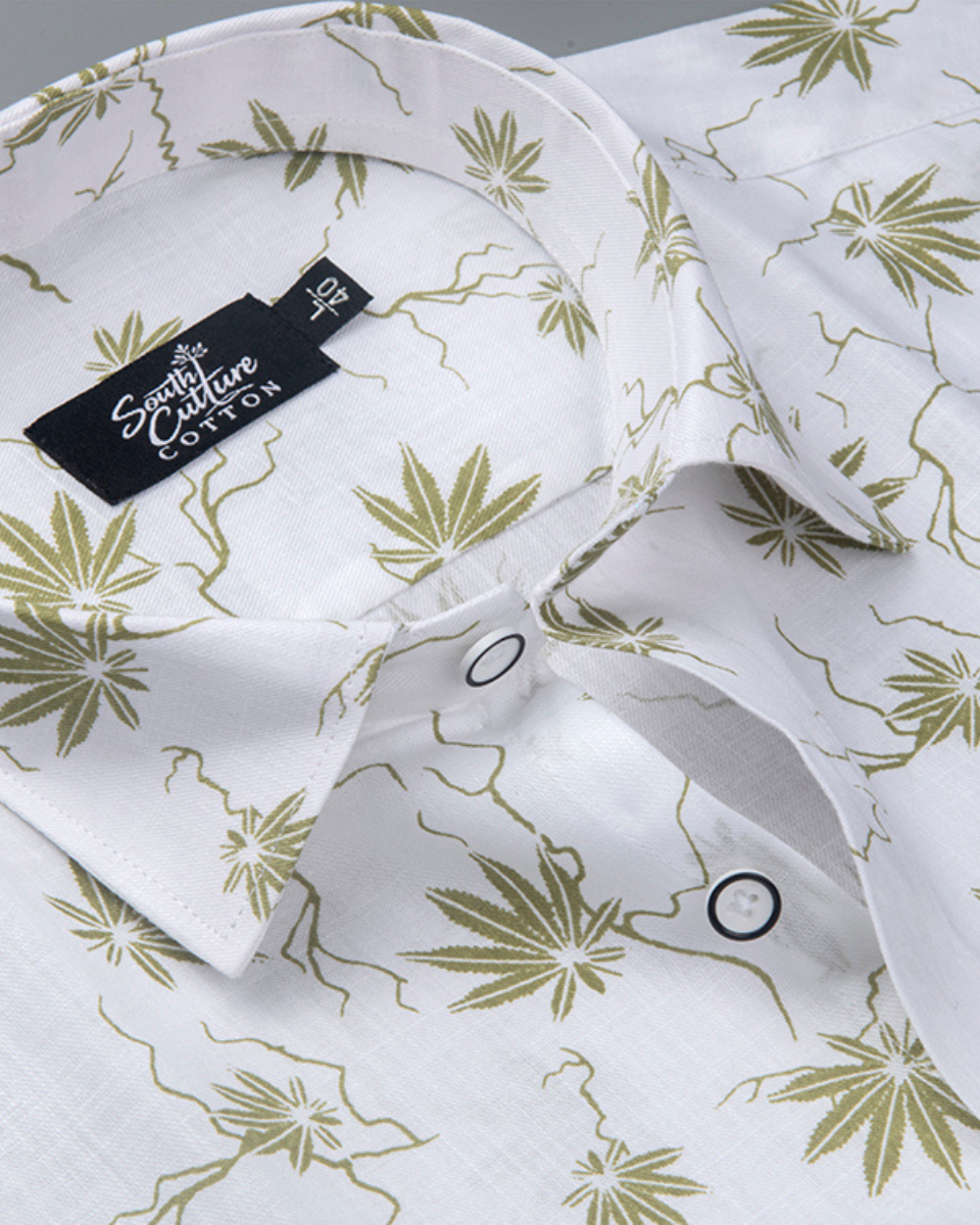 White Cotton Shirt with Olive Palm Leaf Print Men's Shirt