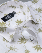 White Cotton Shirt with Olive Palm Leaf Print Men's Shirt