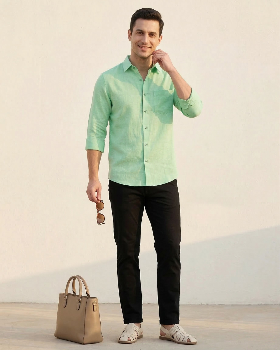 Premium Linen Blend Parrot Green Colour Men's Shirt