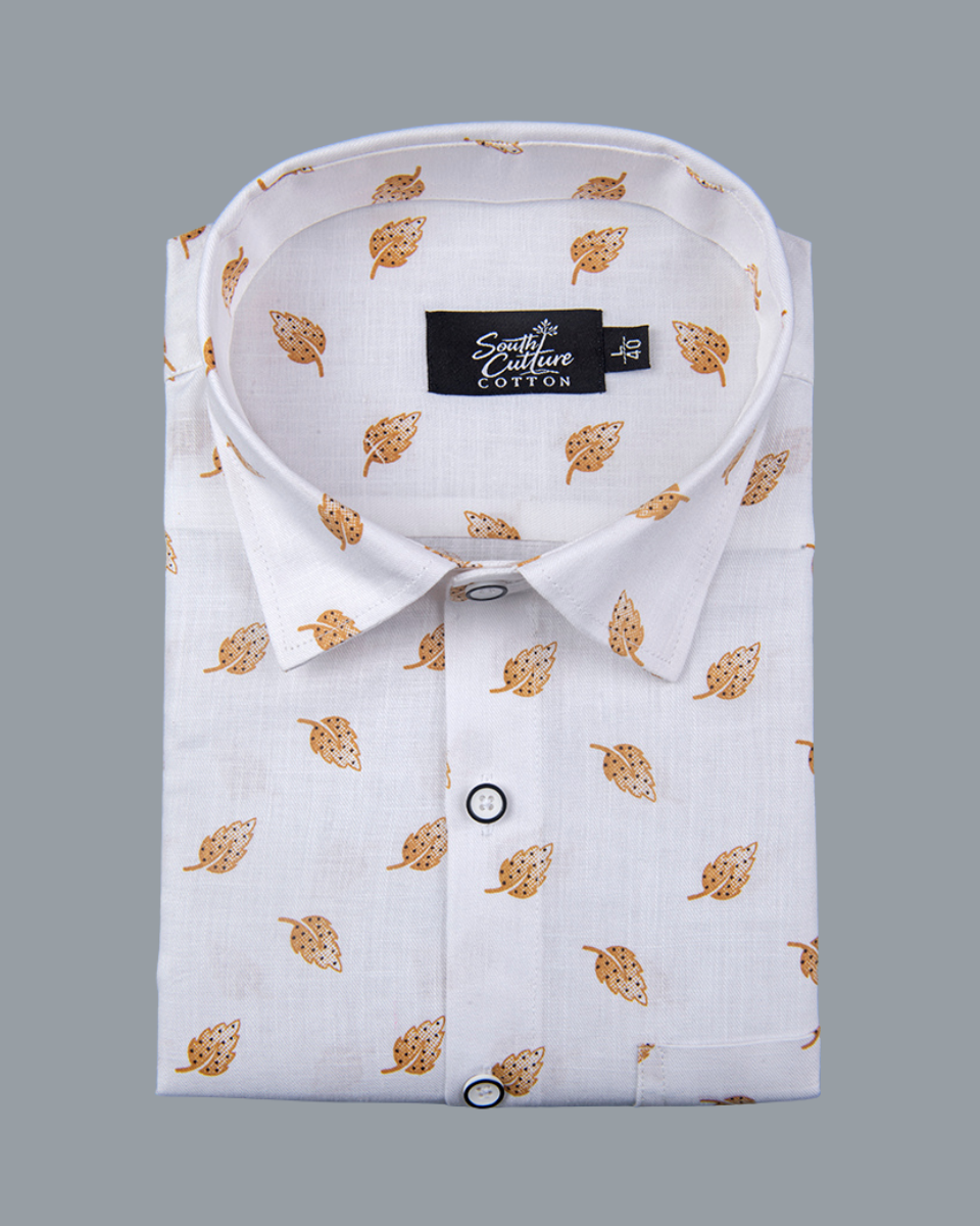 White Cotton Shirt with Mustard Leaf Print Men's Shirt