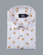 White Cotton Shirt with Mustard Leaf Print Men's Shirt