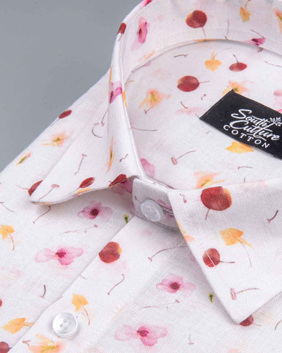 Italian Linen Floral Dots Print Cherry Red Yellow Mix