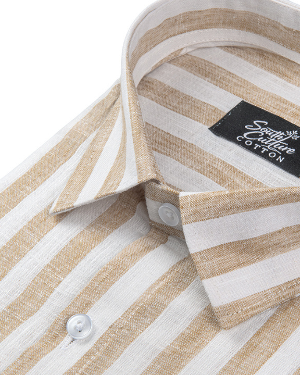 Linen White With Fawn Colour Patta Print Shirt For Men