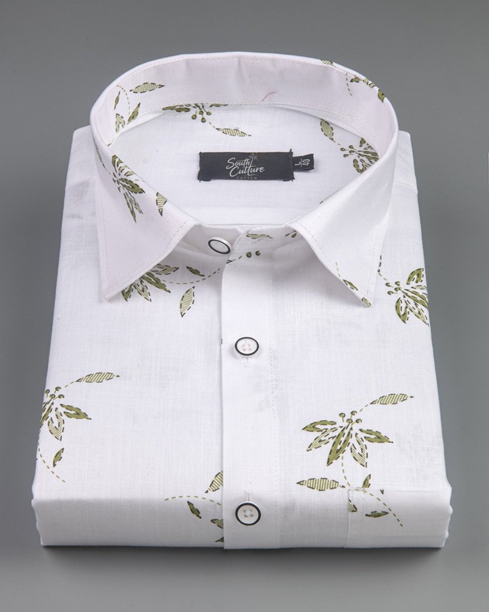 Turkey Linen White with Olive Green Big Leaf Print Men Shirt