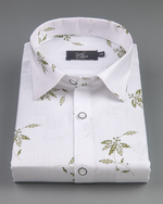 Turkey Linen White with Olive Green Big Leaf Print Men Shirt