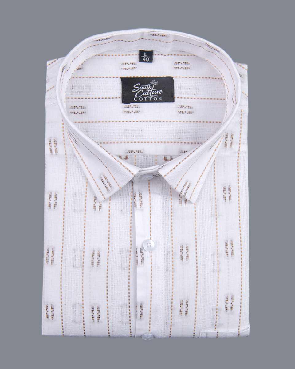 Linen Butta Stripe Pattern Light Brown Men Shir
