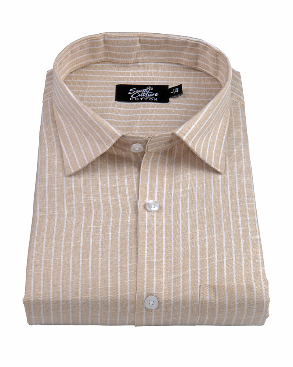 Fawn Colour Cotton Shirt With Fine White Stripe