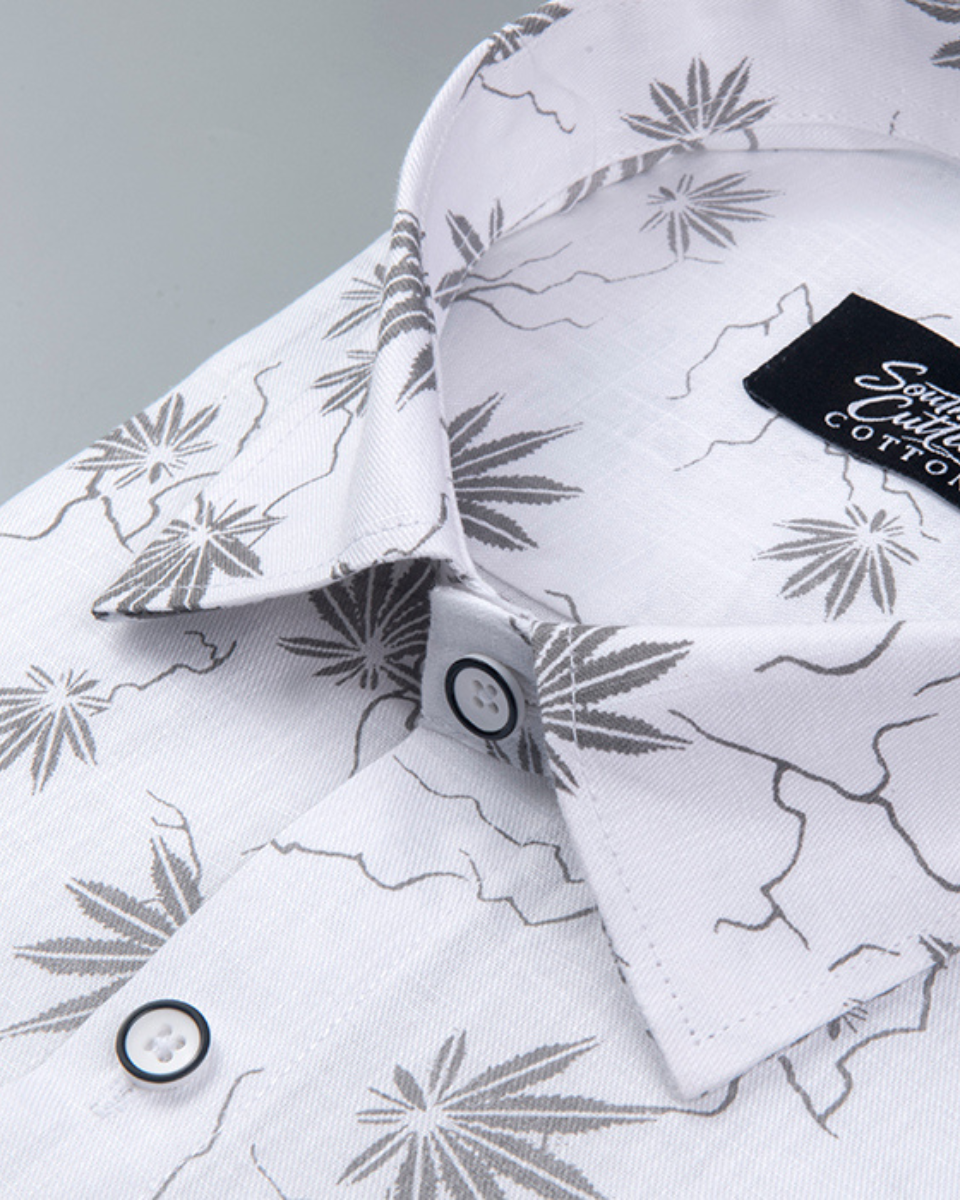 White Cotton Shirt with Grey Palm Leaf Print Men's Shirt