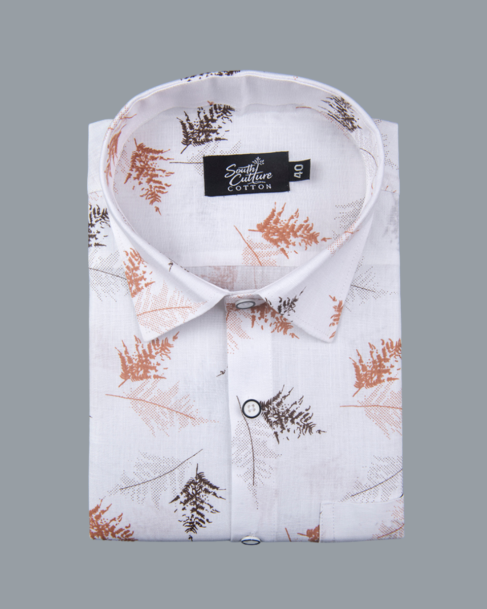 White Cotton Shirt with Rust & Brown Fern Print Men's Shirt