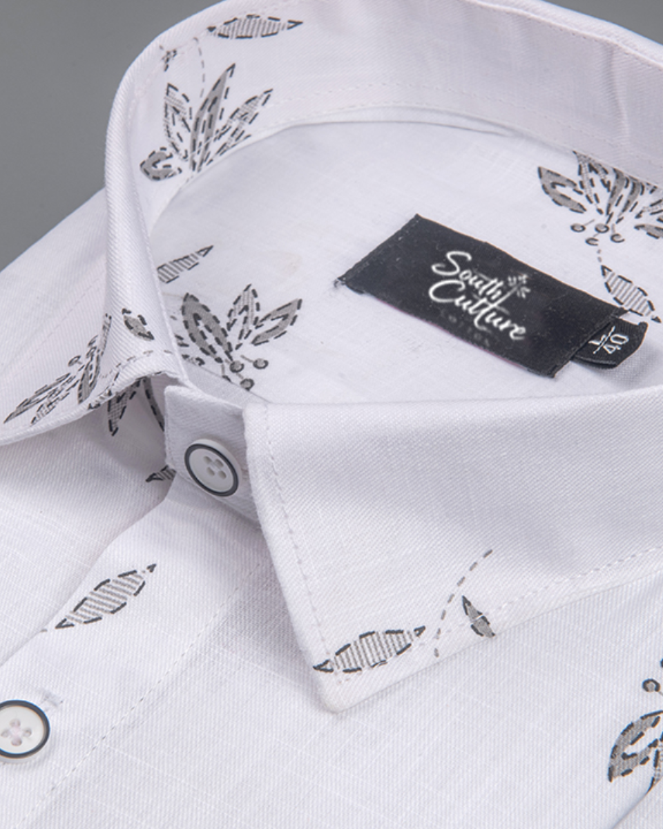 Turkey Linen White with Gray Big Leaf Print