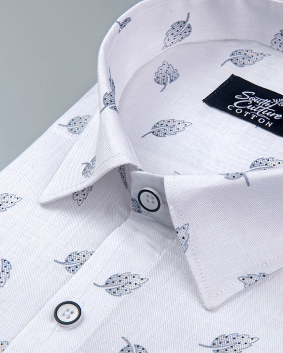 White Cotton Shirt with Elegant Grey Leaf Print Men's Shirt
