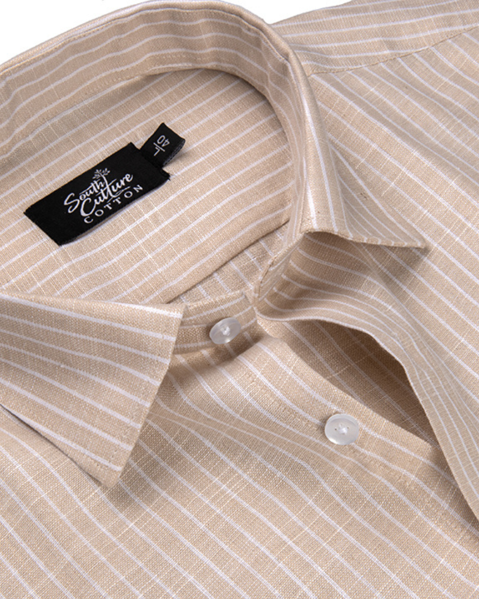 Fawn Colour Cotton Shirt With Fine White Stripe
