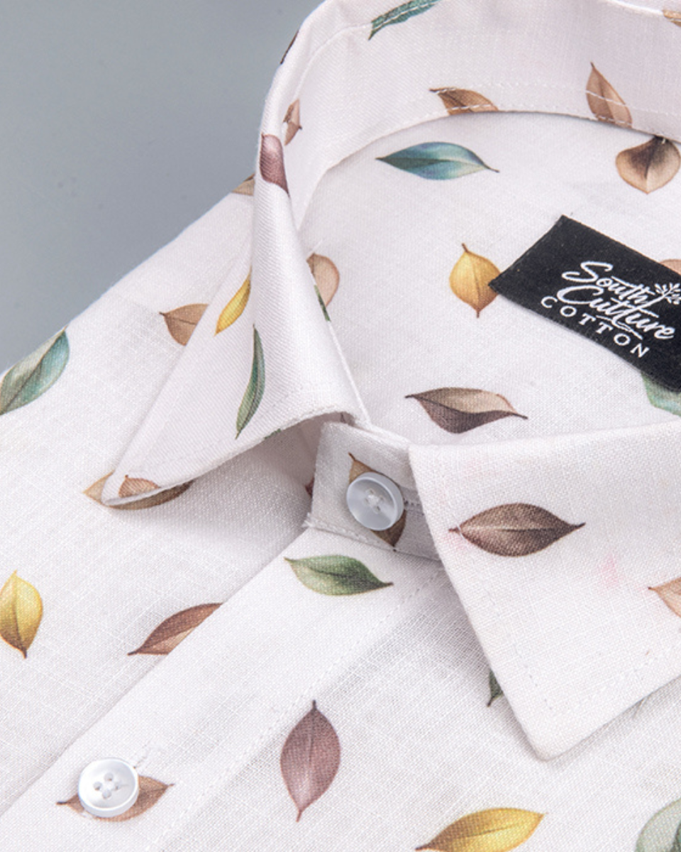 Italian Linen Dot Leaf Print Soft Cream Multi Mix
