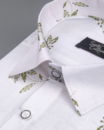 Turkey Linen White with Olive Green Big Leaf Print Men Shirt
