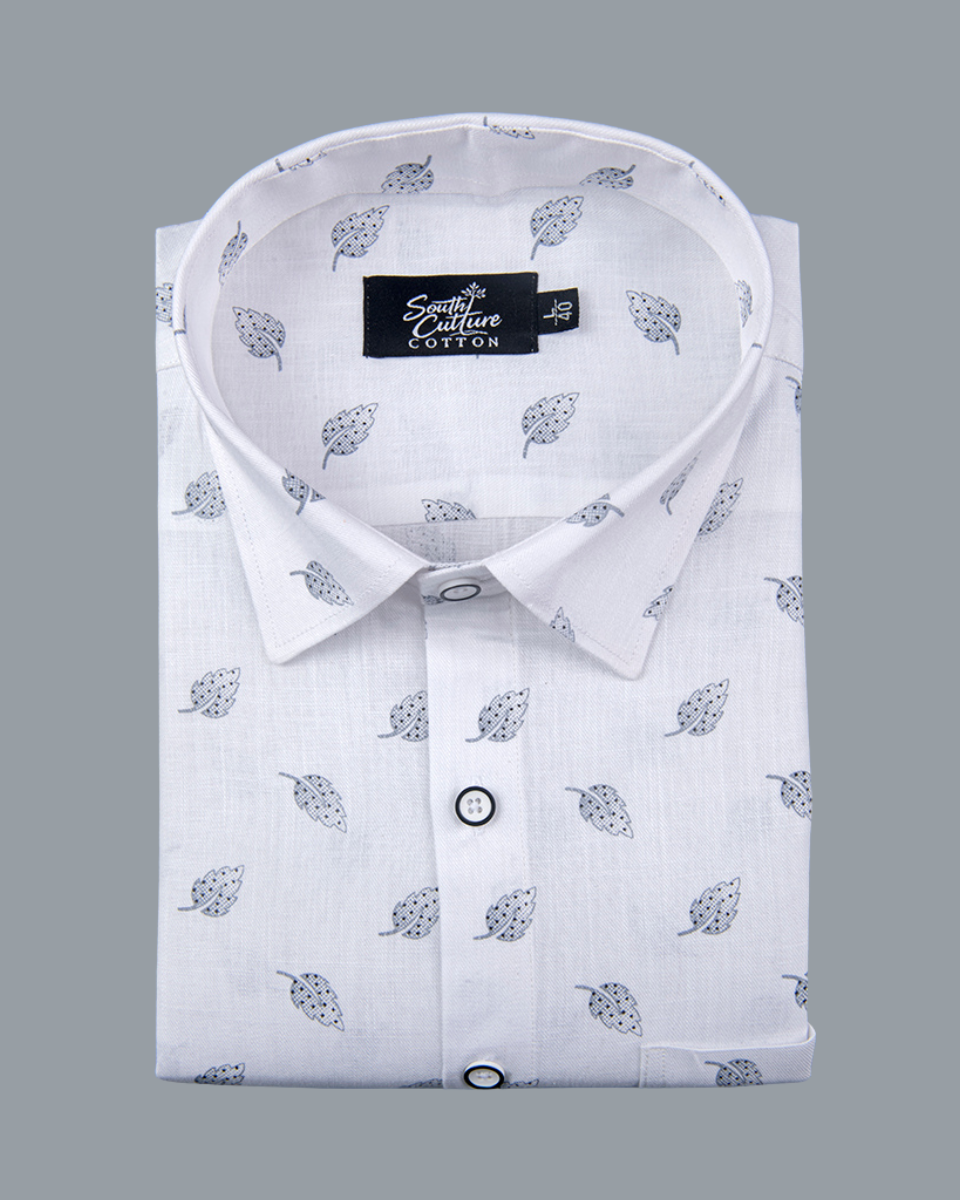 White Cotton Shirt with Elegant Grey Leaf Print Men's Shirt