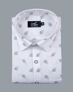 White Cotton Shirt with Elegant Grey Leaf Print Men's Shirt