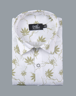 White Cotton Shirt with Olive Palm Leaf Print Men's Shirt