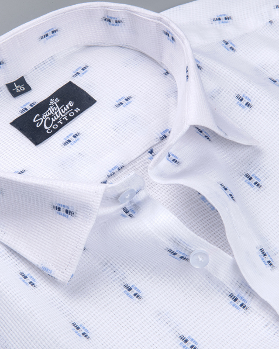 Linen Butta Dot Print Blue Men Shirt