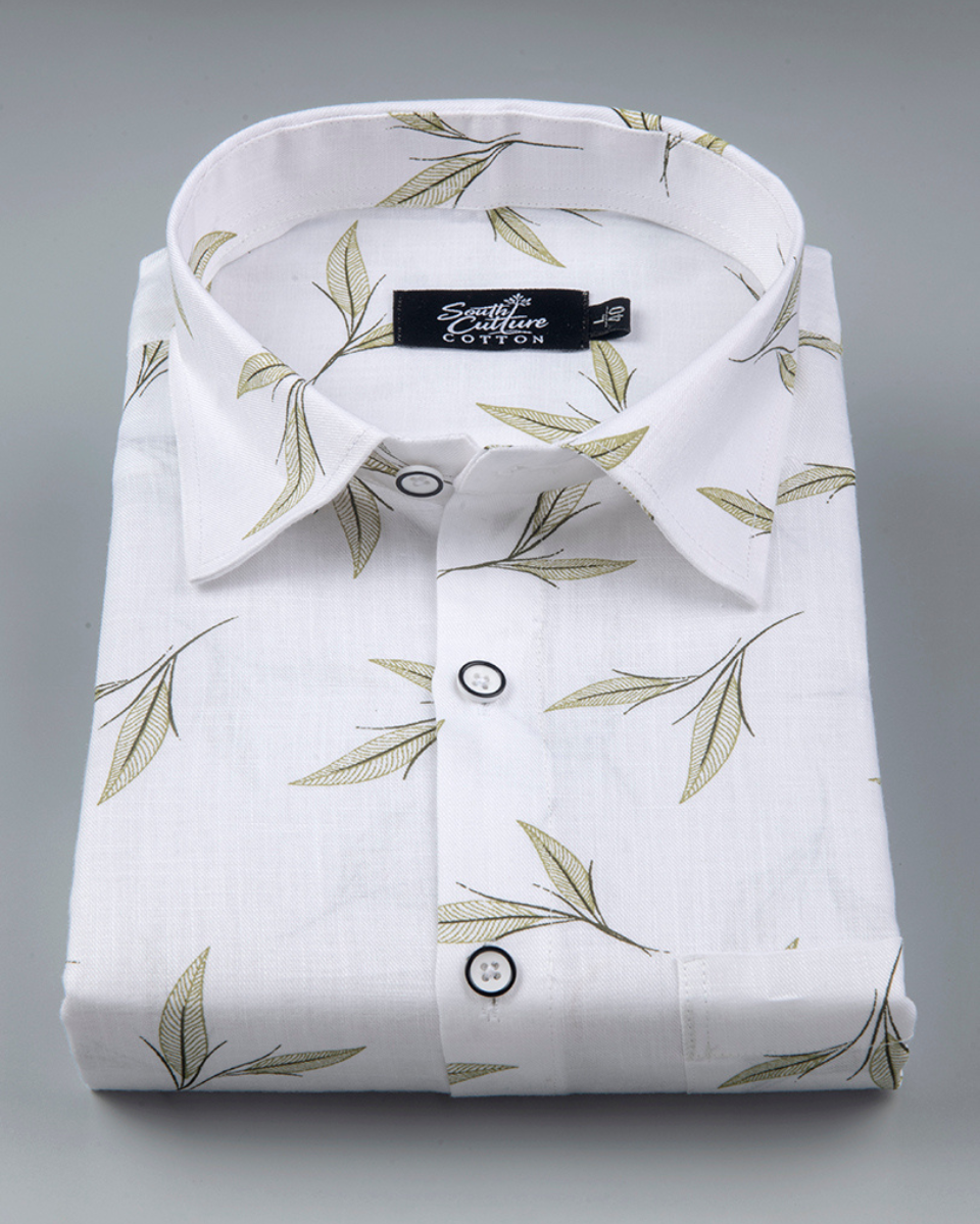 White Cotton Olive Leaf Print Men's Shirt