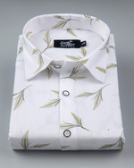 White Cotton Olive Leaf Print Men's Shirt