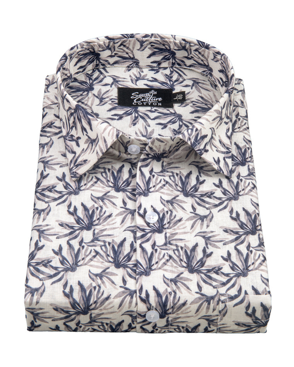 Italian Linen Midnight Leaf Print Cream with Gray Mix