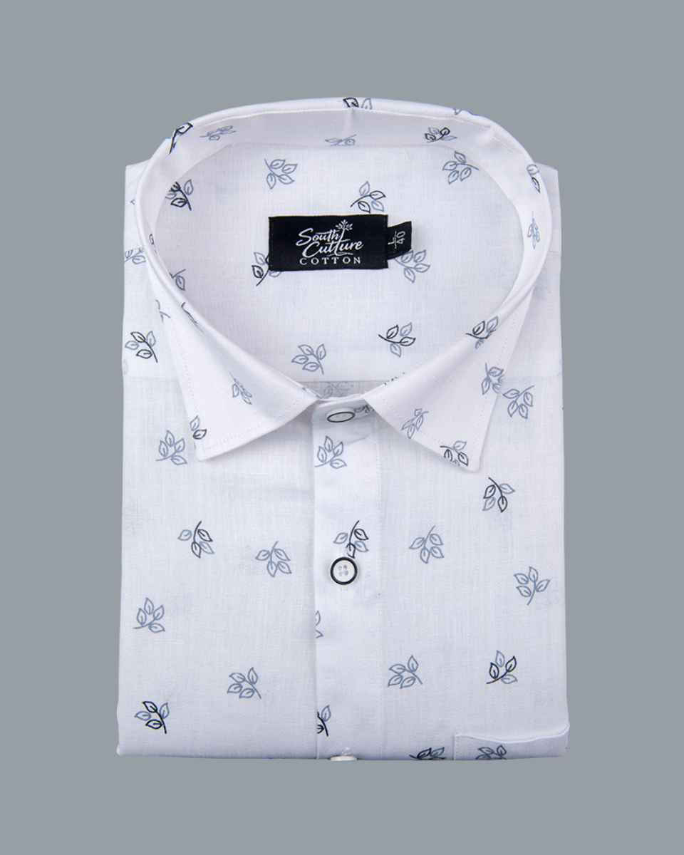 White Cotton Shirt with Small Navy Blue Leaf Print Men's Shirt