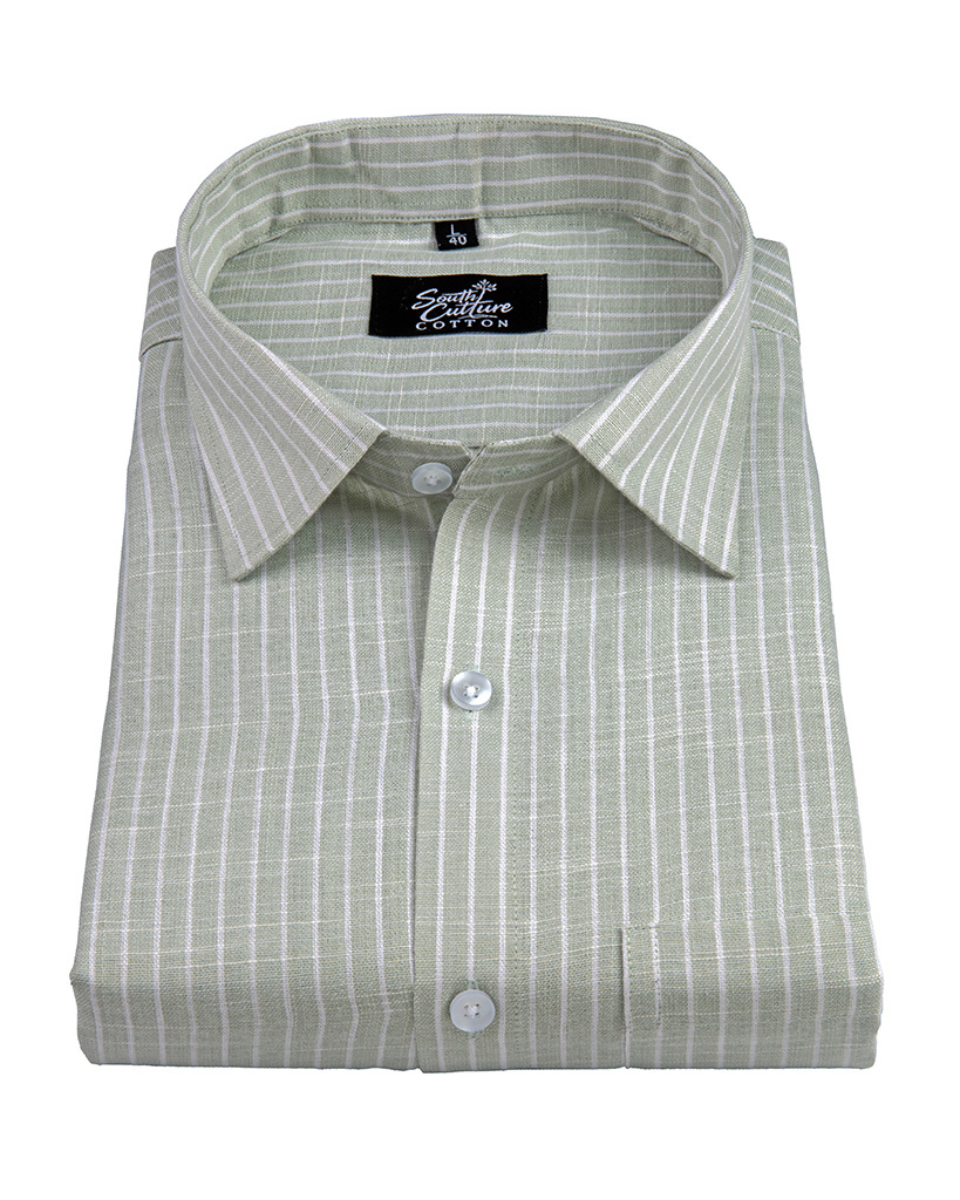 Pistachio Green Colour Cotton Shirt With Fine White Stripe