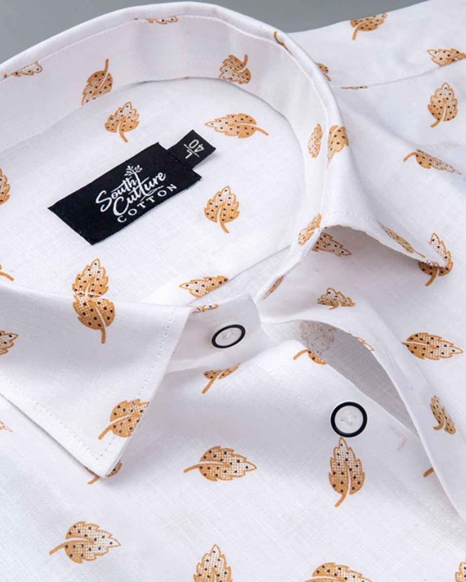 White Cotton Shirt with Mustard Leaf Print Men's Shirt