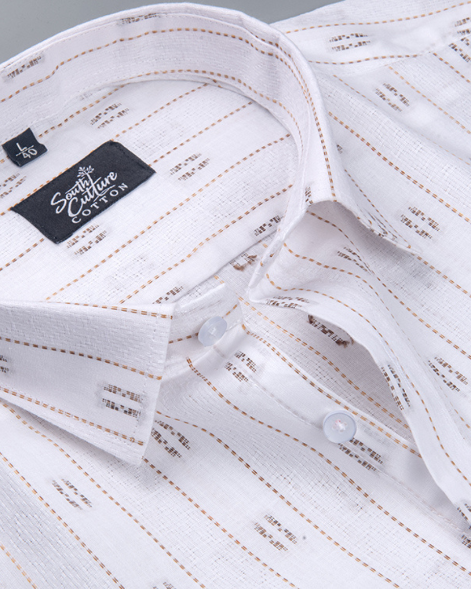 Linen Butta Stripe Pattern Light Brown Men Shir