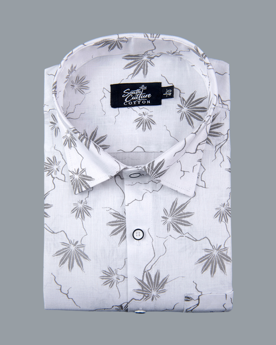 White Cotton Shirt with Grey Palm Leaf Print Men's Shirt
